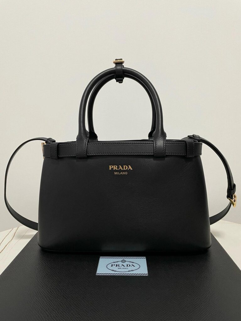 Black Leather Belted Tote Bag