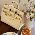 25cm Brikin Crocodile embossed cowhide, vanilla color with gold hardware
