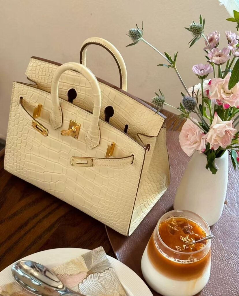 25cm Brikin Crocodile embossed cowhide, vanilla color with gold hardware