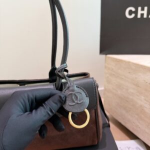 Two-Tone Suede Baguette Shoulder Bag - Dark Brown / Black