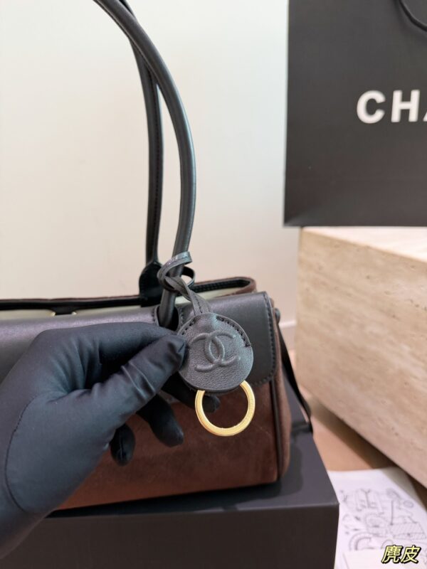 Two-Tone Suede Baguette Shoulder Bag - Dark Brown / Black