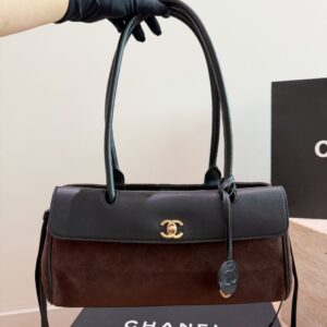 Two-Tone Suede Baguette Shoulder Bag - Dark Brown / Black