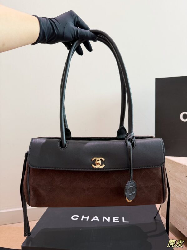 Two-Tone Suede Baguette Shoulder Bag - Dark Brown / Black