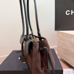 Two-Tone Suede Baguette Shoulder Bag - Dark Brown / Black