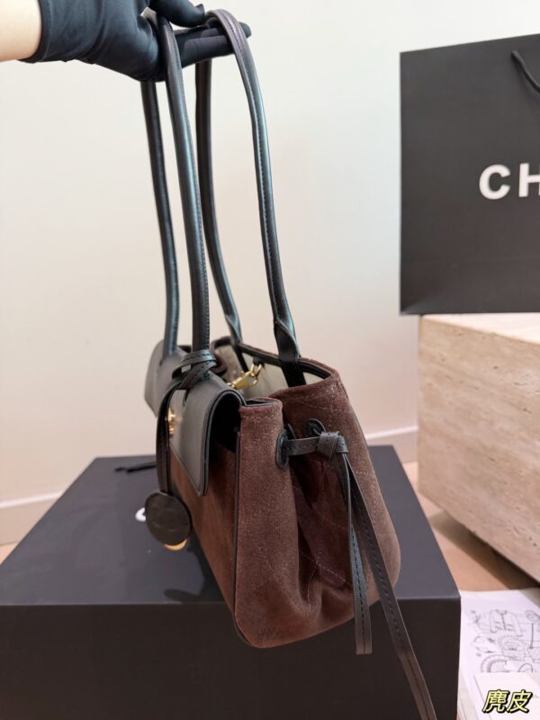 Two-Tone Suede Baguette Shoulder Bag - Dark Brown / Black