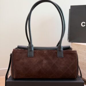 Two-Tone Suede Baguette Shoulder Bag - Dark Brown / Black