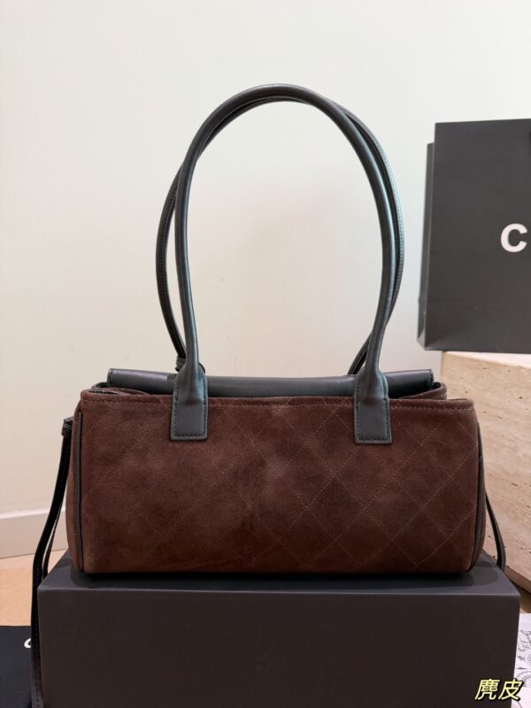 Two-Tone Suede Baguette Shoulder Bag - Dark Brown / Black