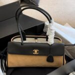 Quilted Suede Flap Top Handle Bag