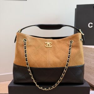 Two-Tone Suede Hobo Shoulder Bag - Camel / Black