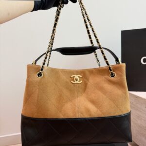 Two-Tone Suede Hobo Shoulder Bag - Camel / Black