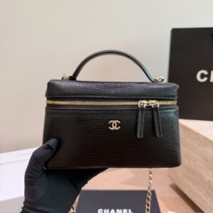 Black Textured Leather Vanity Case Bag - Black