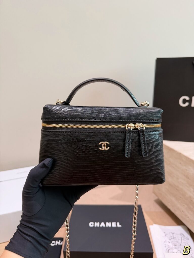 Black Textured Leather Vanity Case Bag
