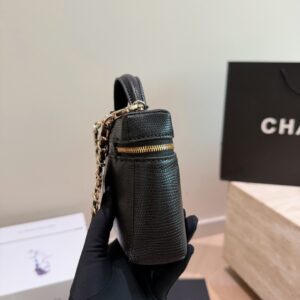 Black Textured Leather Vanity Case Bag - Black