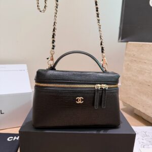 Black Textured Leather Vanity Case Bag - Black