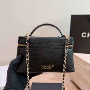 Black Textured Leather Vanity Case Bag - Black