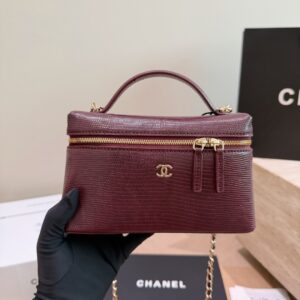 Black Textured Leather Vanity Case Bag - Black
